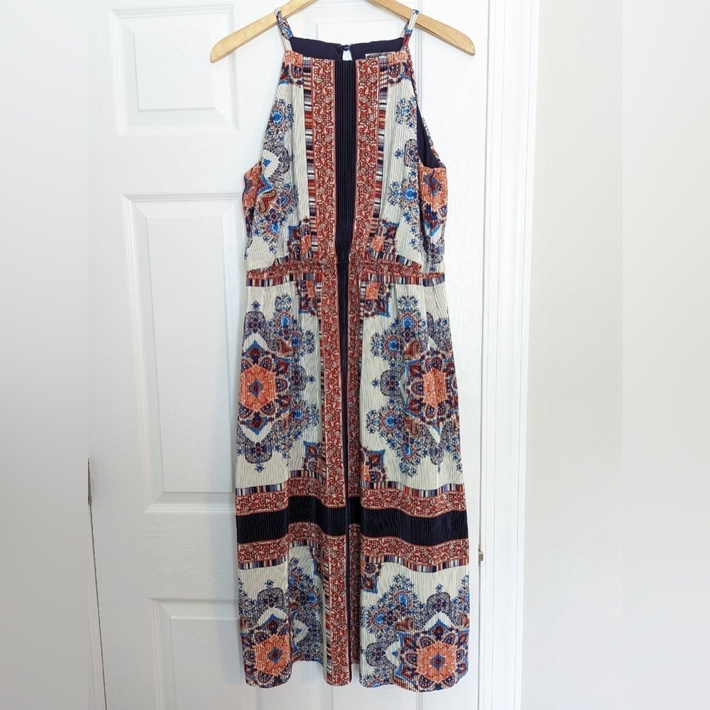 CB Established 1962 Pleated Boho Maxi Dress Size 16 Navy Red Medallion Print